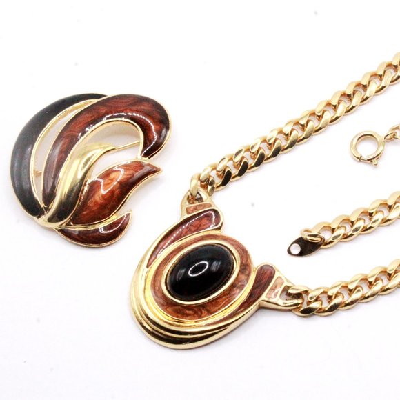 Vintage Mint Trifari TM Brown Enamel Black Cabochon Necklace Set - Picture 7 of 9